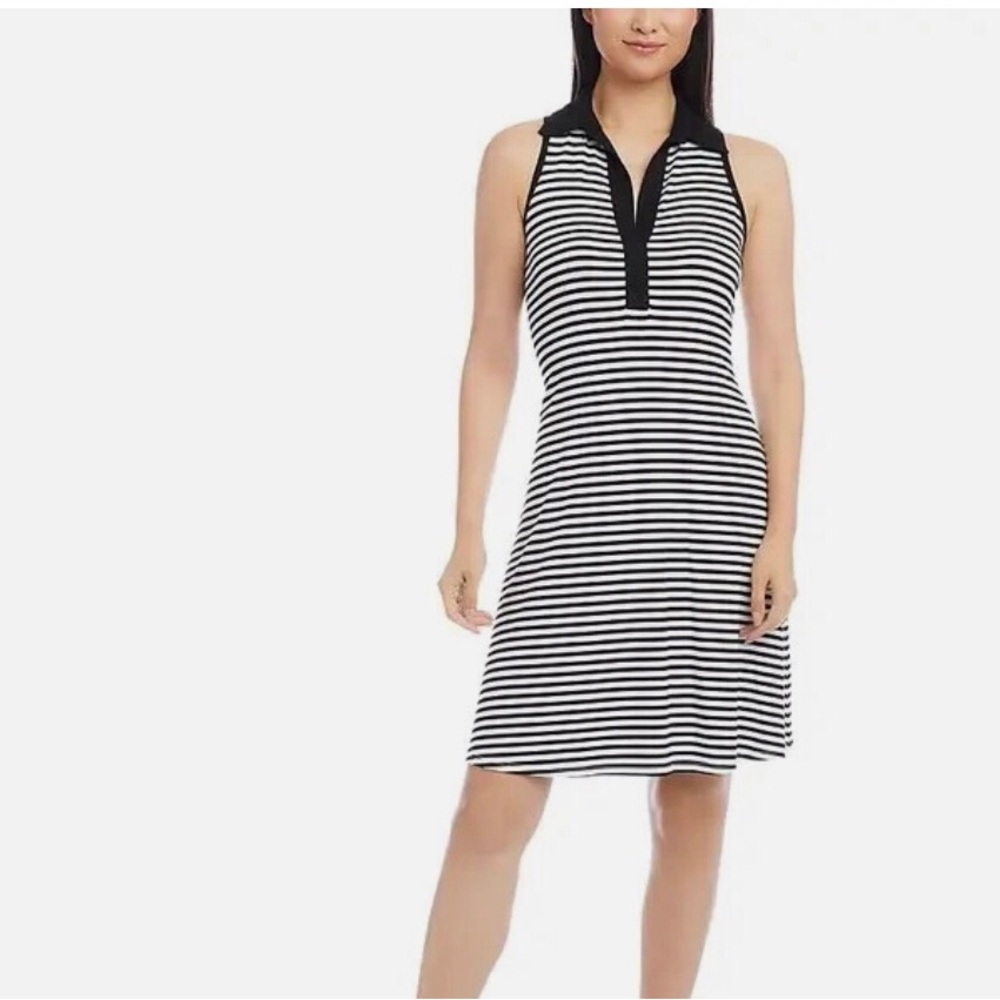 Karen Kane Black & White Striped Sleeveless Polo Dress